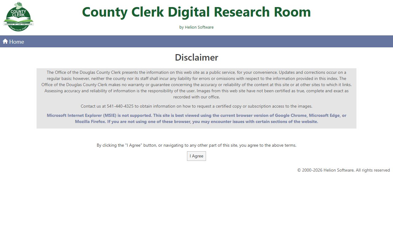 Douglas County Clerk records Digital Research Room disclaimer source