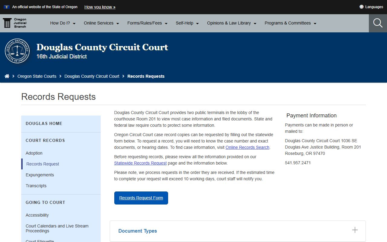 Douglas County Circuit Court records request page for certified copies