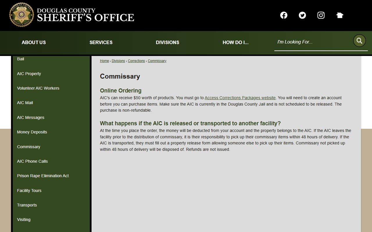 Douglas County inmate records and commissary order rules