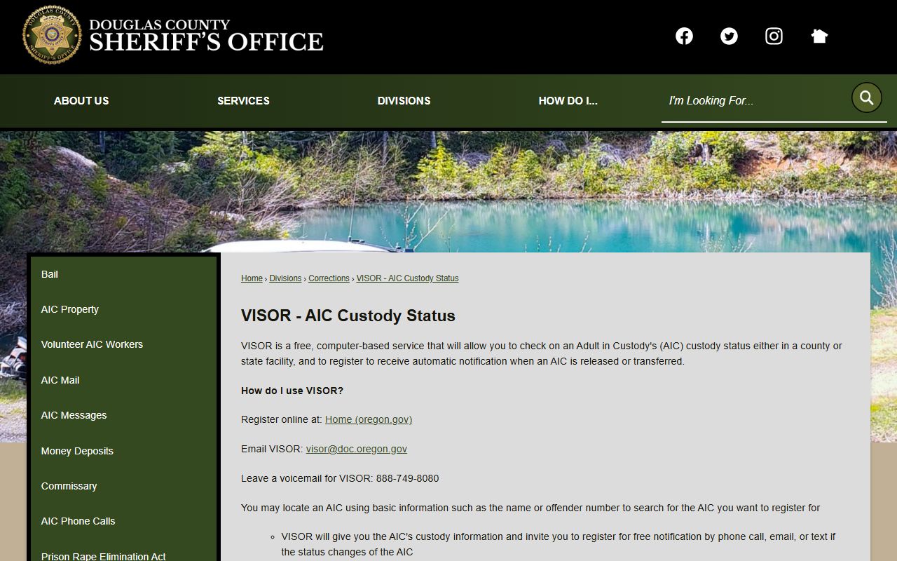 Douglas County inmate and court records VISOR custody notification page