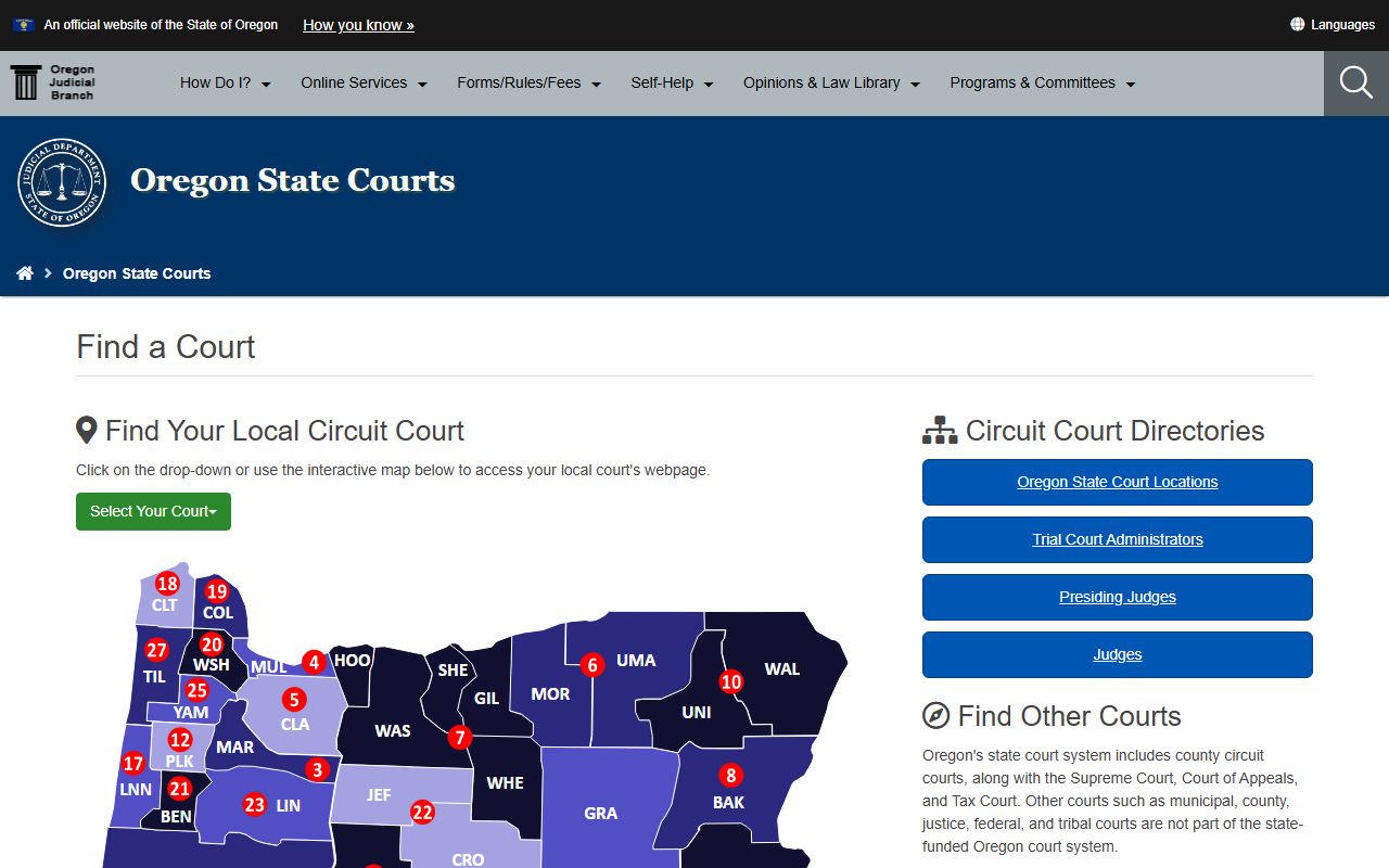 Douglas County court system Oregon Judicial Department find a court page