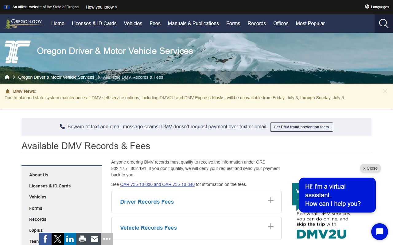 Douglas County traffic court records Oregon DMV record fees page